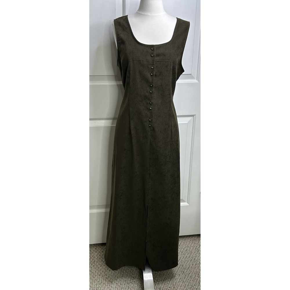 Jenna Lane Midi Dress Faux Suede Womens M Dark Olive Green Sleeveless Flaws READ